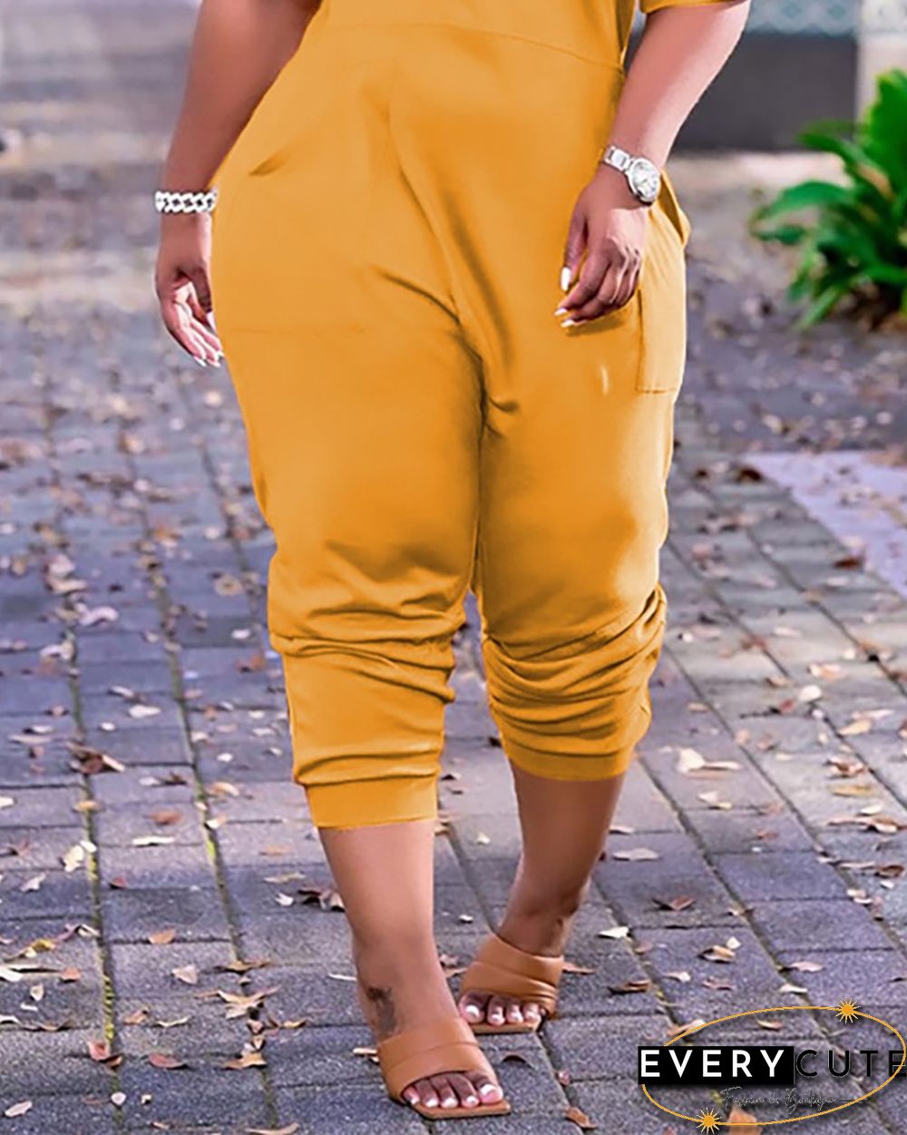 Letter Print V-Neck Short Sleeve Pocket Design Jumpsuit