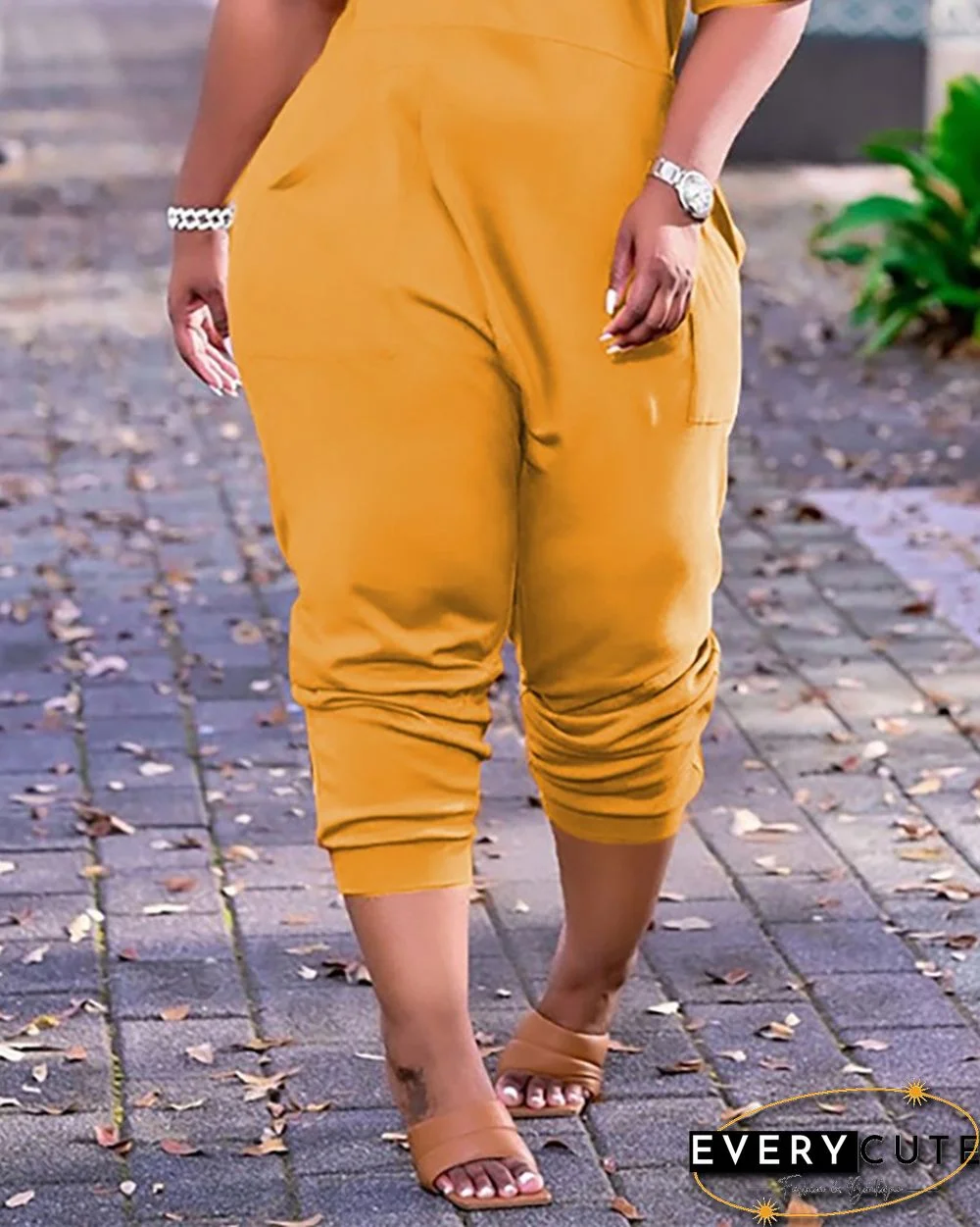 Letter Print V-Neck Short Sleeve Pocket Design Jumpsuit