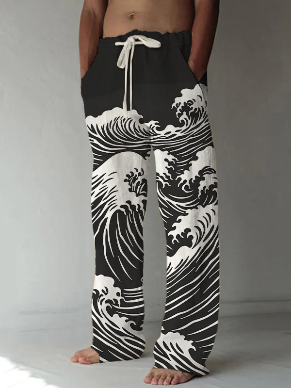 Men's Waves Lines Art Print Casual Pants
