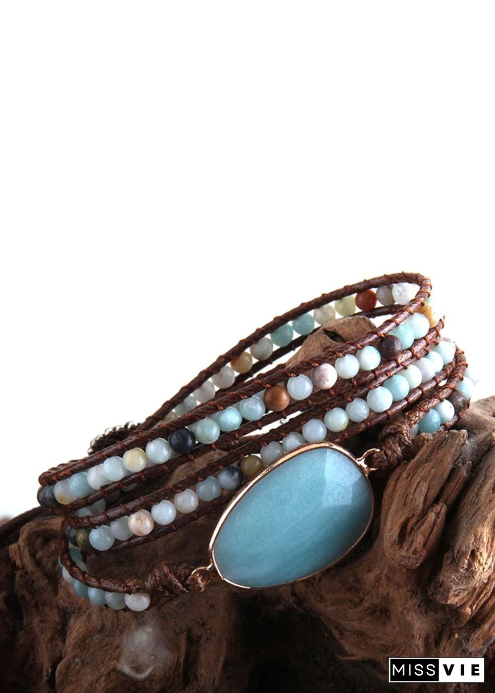 Boho Bracelet, RH 3 Layers Leather Wrap Bracelet, Natural Stones, Blue, Rose, Purple