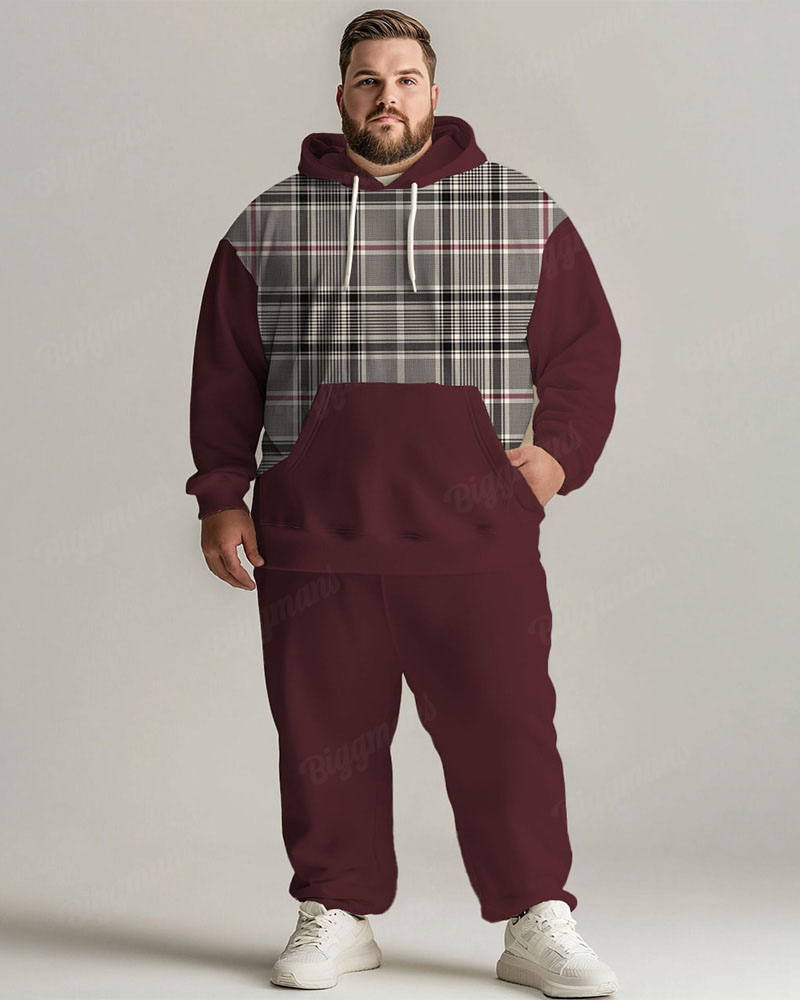 Men's Daily Casual Versatile Classic Wine Red Gray Plaid Print Plus Size Hoodie Suit