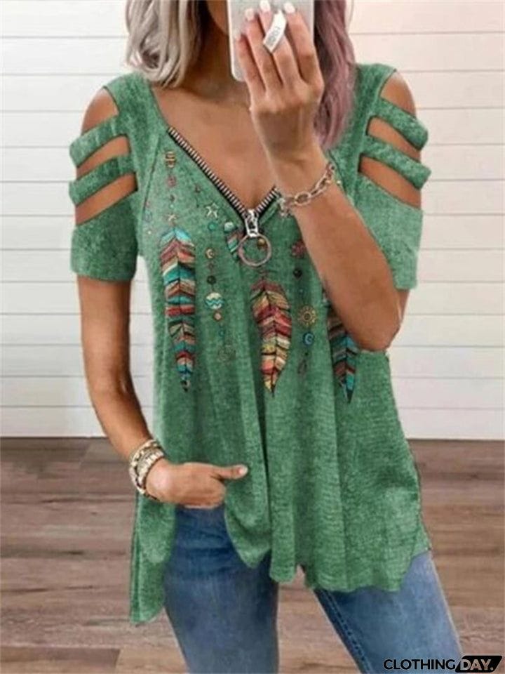 Special V-Neck Zipper Feather Print Short Sleeve T-Shirt