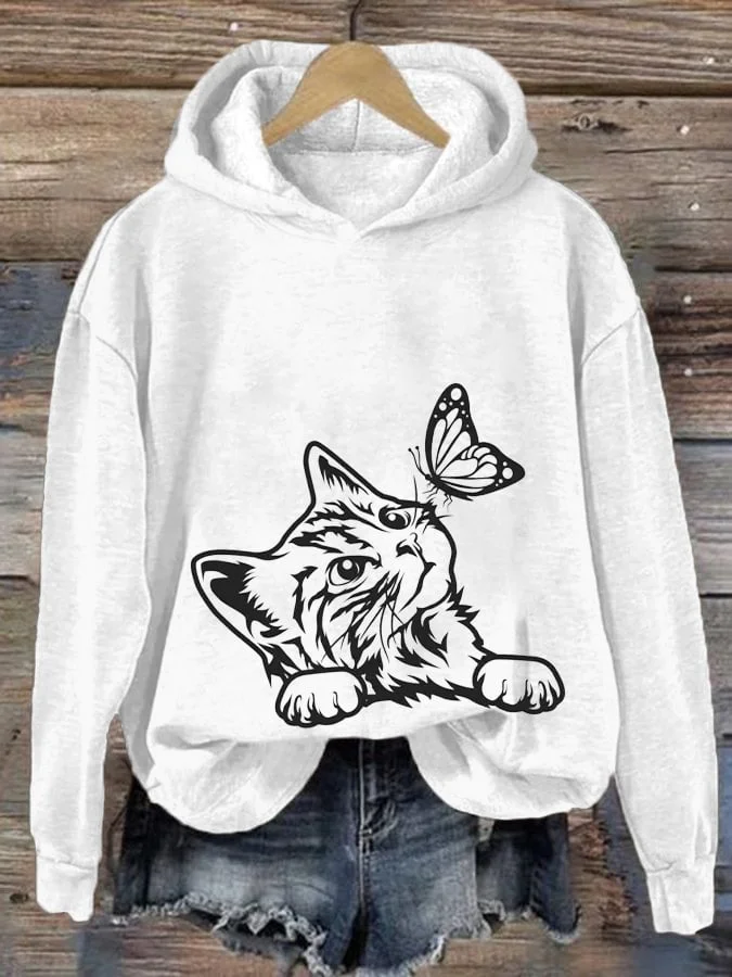 Women's Cute Cat with Butterfly Print Casual Hooded socialshop