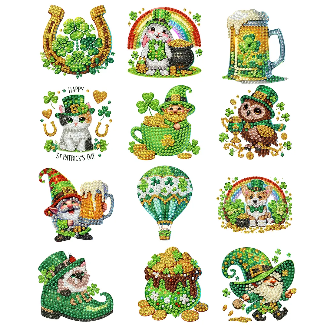 12Pcs Happy St Patricks Day DIY Diamond Art Fridge Magnet Refrigerator Sticker Diamond Art Stickers Refrigerator Painting Kits for Beginners Adults DIY Craft Gifts Home Decors