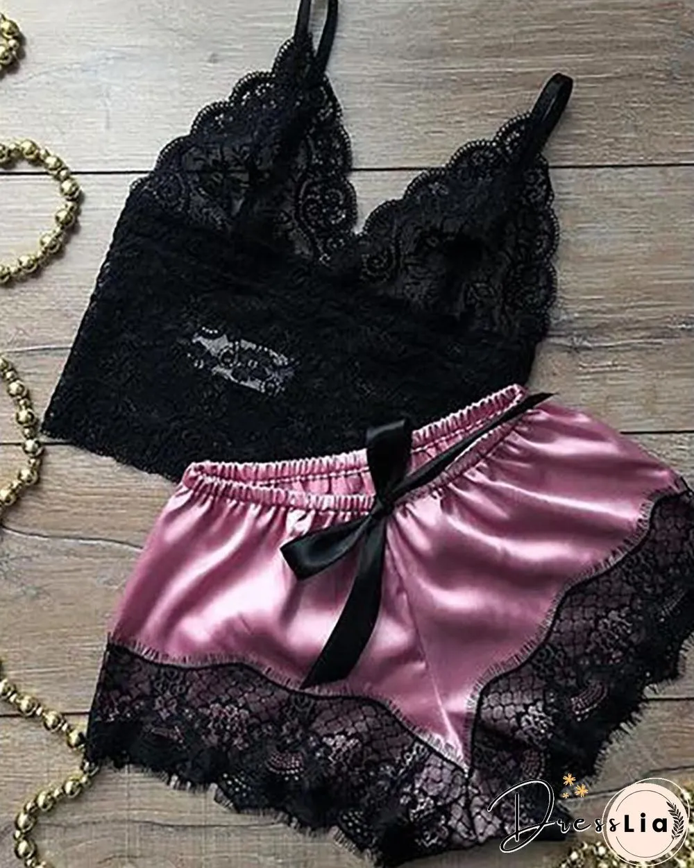 Eyelash Crochet Lace Satin Bowknot Cami Set