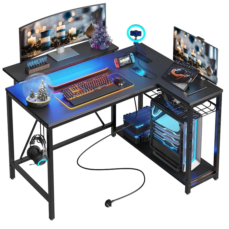 RSPGAME 42" L - Shaped Gaming Desk: Equipped with Power Outlets, LED Lights, Reversible Shelves & Hooks for Small Spaces ,Bedrooms & Offices
