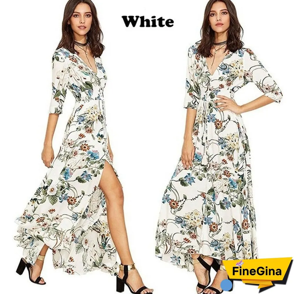 Womens Fashion Bohemian V Neck Print Big Swing Long Dress Plus Size