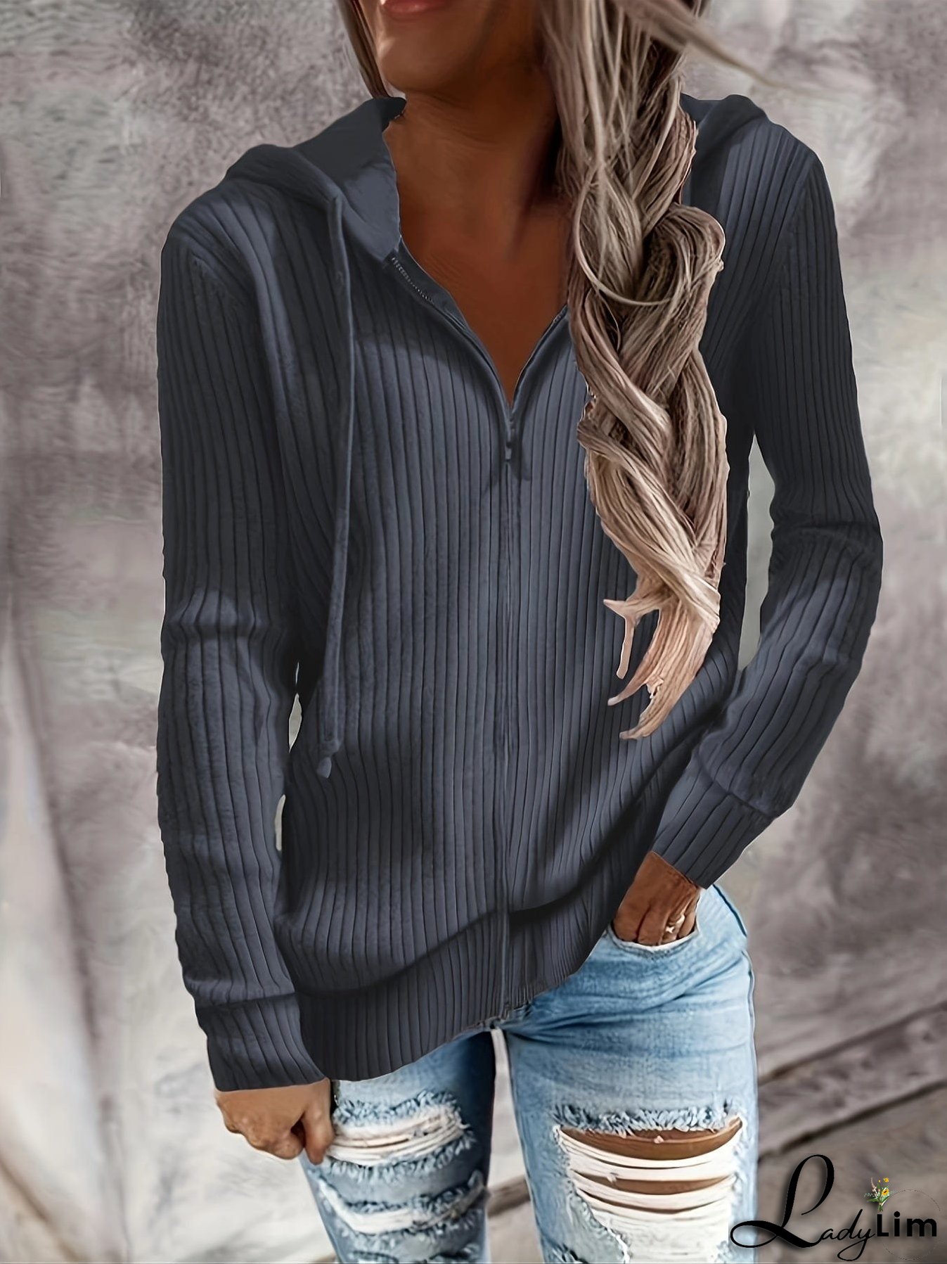 Plus Size Casual Coat, Women's Plus Solid Ribbed Zip Up Long Sleeve Drawstring Hoodie Sweater