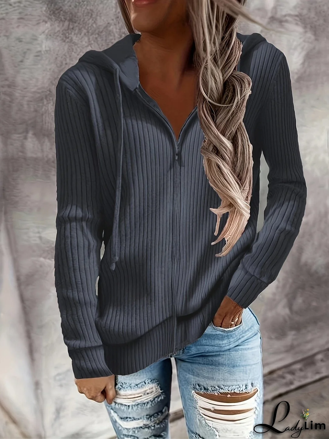 Plus Size Casual Coat, Women's Plus Solid Ribbed Zip Up Long Sleeve Drawstring Hoodie Sweater