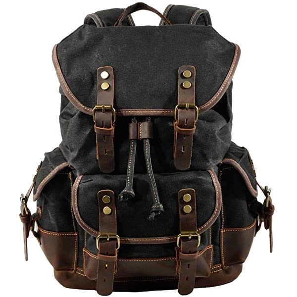 VRIGOO Genuine Leather Waxed Canvas Travel Backpack