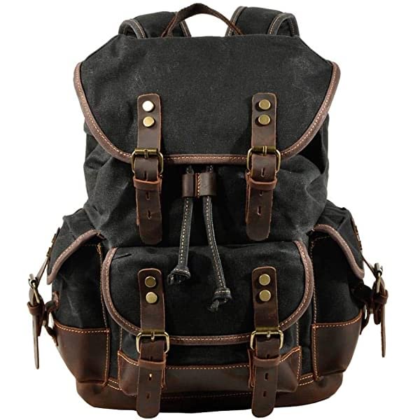VRIGOO Genuine Leather Waxed Canvas Travel Backpack
