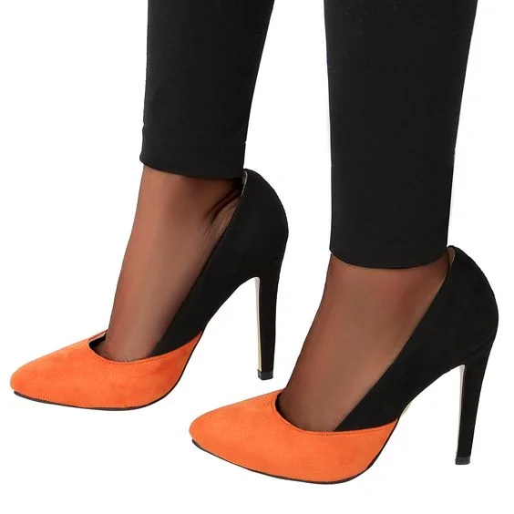 Orange and Black Vegan Suede Stiletto Heels Office Heels Pumps |FSJ Shoes