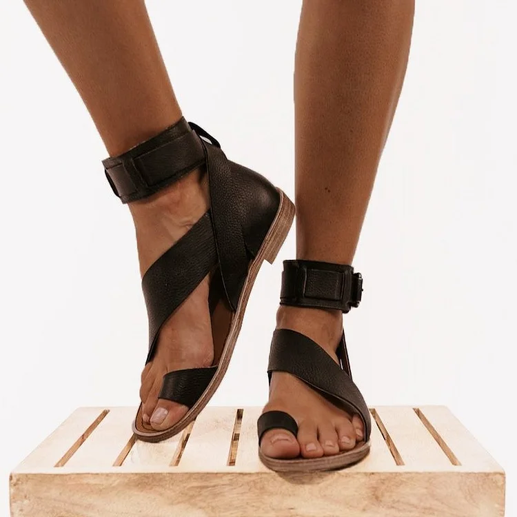 Women's Soft Cross Leather Ankle Strap Flat Gladiator Sandals Radinnoo.com