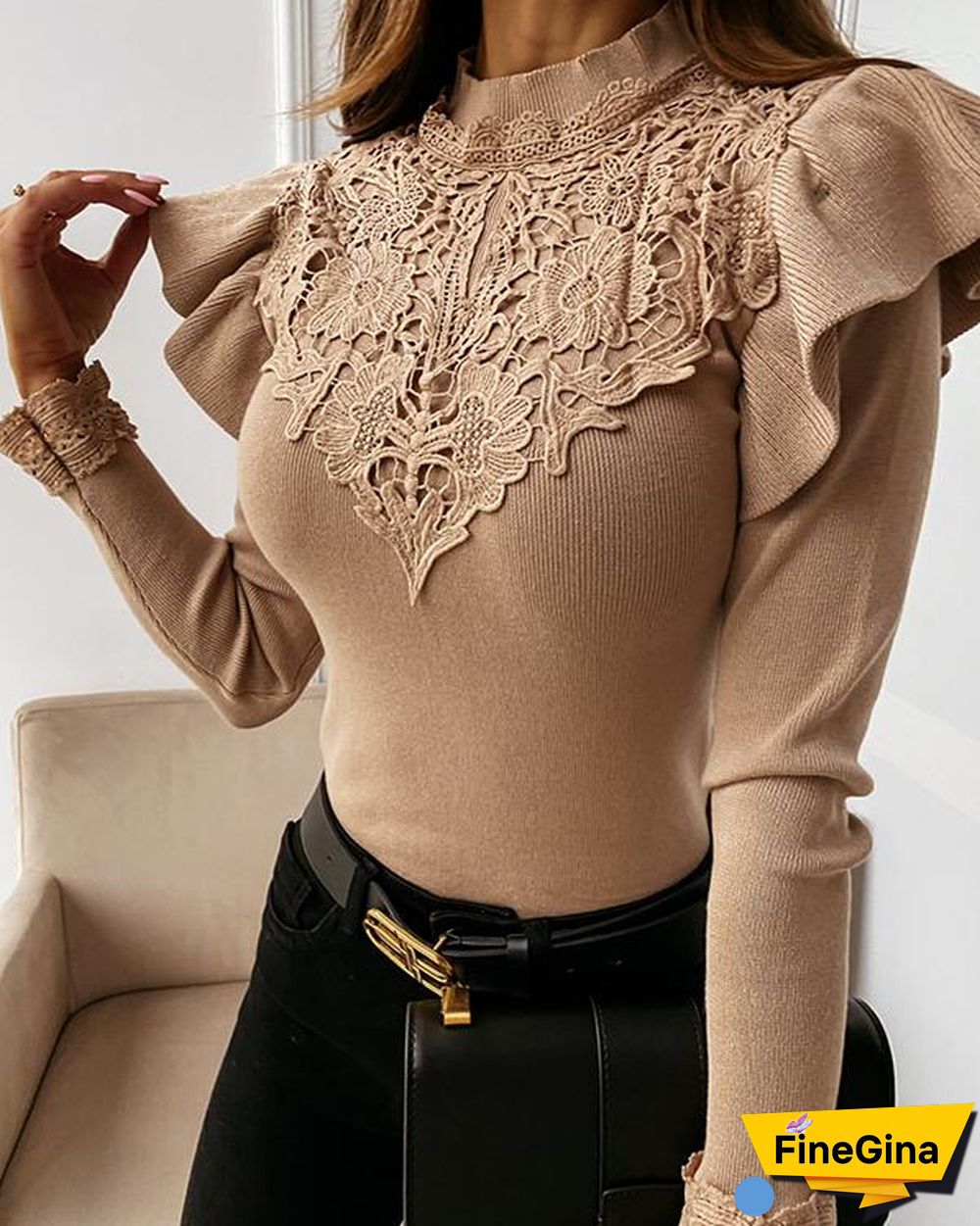 Long Sleeve Round Neck Lace Decorative Solid Color Shirt