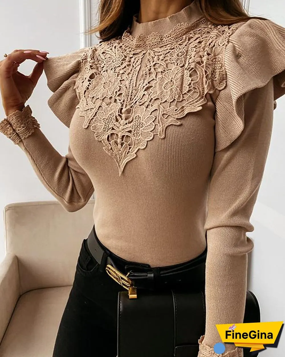 Long Sleeve Round Neck Lace Decorative Solid Color Shirt