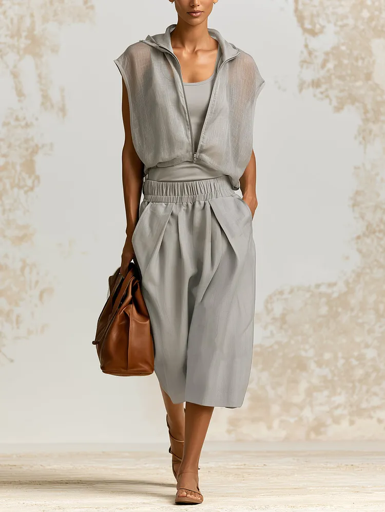 Minimalist Gray Hooded Two-Piece Set &ndash; Lightweight Zip Vest & Relaxed Bermuda Shorts Outfit For Women