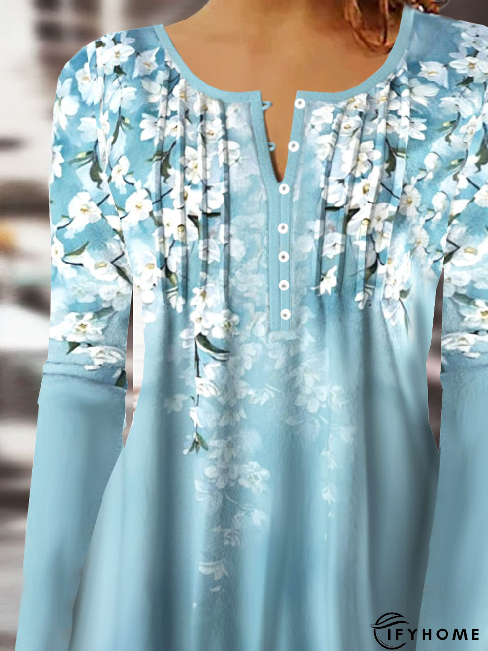 Buckle Casual Floral Printed Notched Tunic Top | IFYHOME