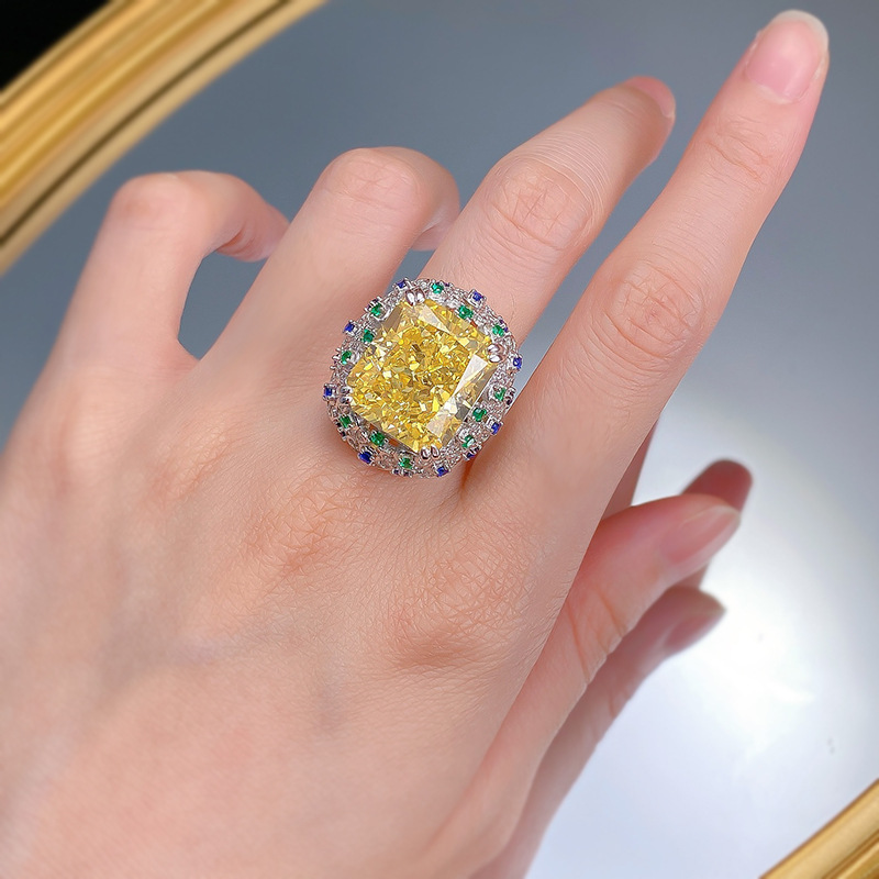 MIKAMU Jewelry Luxurious 15 Carat High Carbon Diamond Ring with Radiant Ice Flower Cut 14*16 Yellow Diamond Inlay - Perfect Engagement Gift