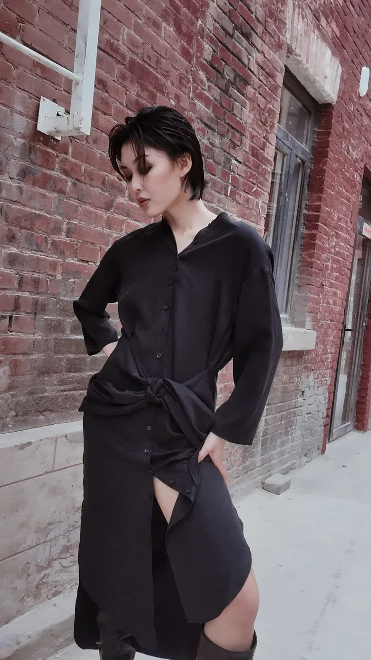 JUMA Button Front Wrap Tie Up Dress  - 15 Recycled Water Bottles - Black