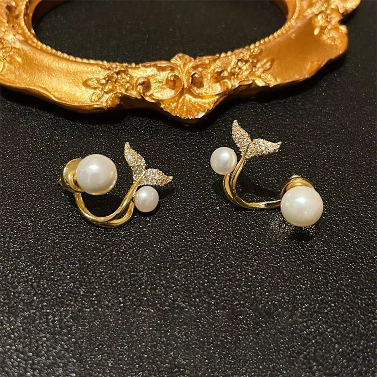 Fish tail Micro inlay zircon pearl earrings
