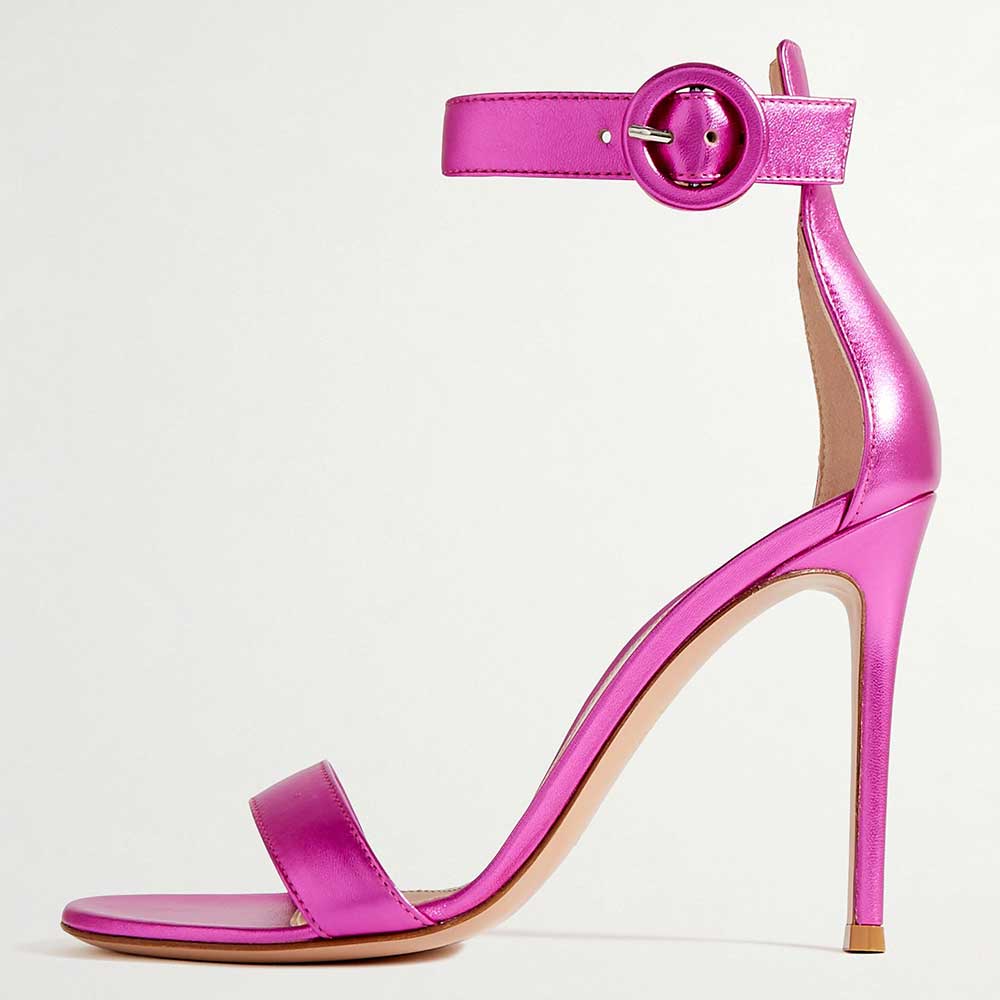Lady's Metallic Pink Shiny Metallic Touch Buckle Ankle Band Classy Sandals   Nicepairs