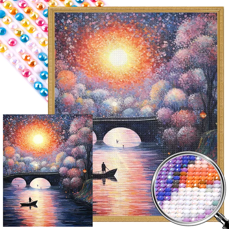 Small Bridge At Sunset And Flowing Water 40*50CM (Canvas) AB Round Drill Diamond Painting gbfke