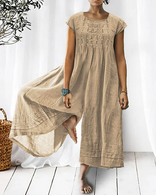 Casual Solid Color Short-sleeved Linen Jumpsuit