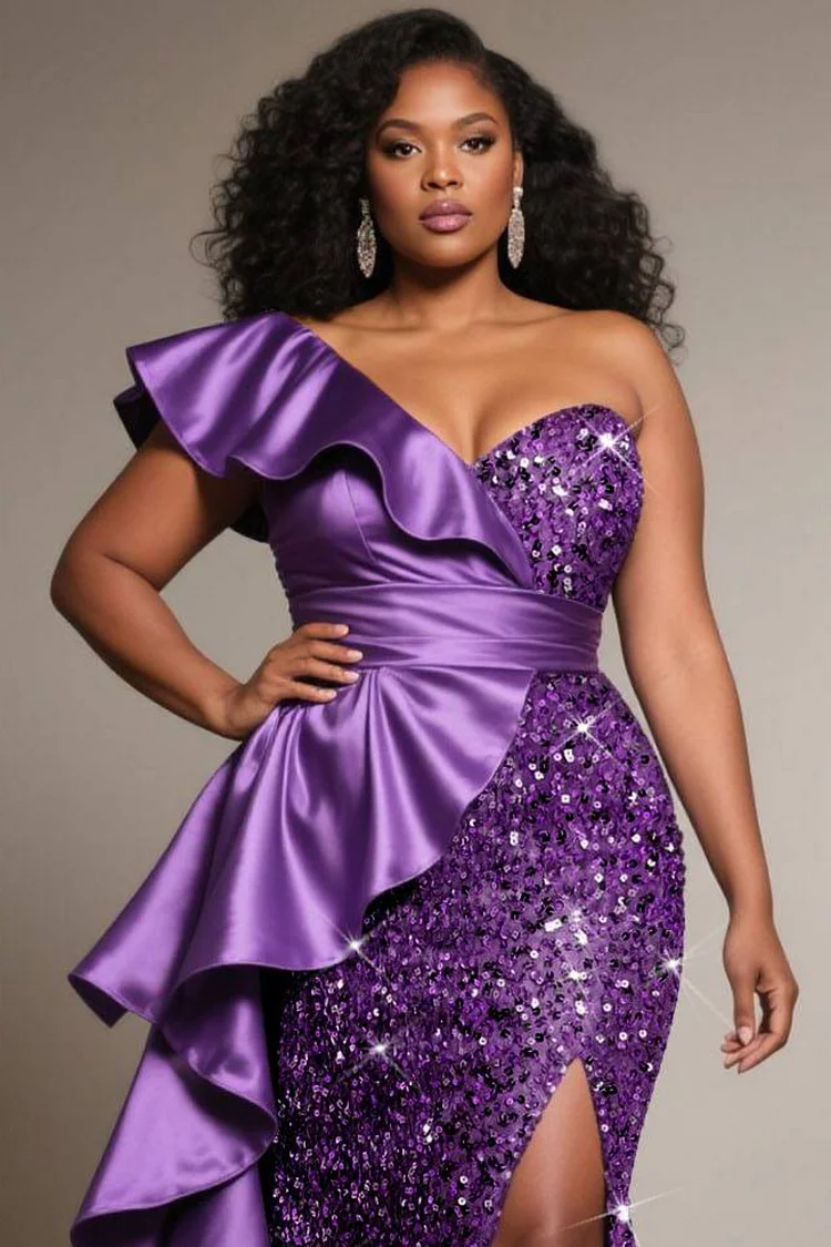 Xpluswear Design Plus Size Formal Sequin Purple Oblique Collar Split Elegant Ruffle Satin Maxi Dresses [Pre-Order]