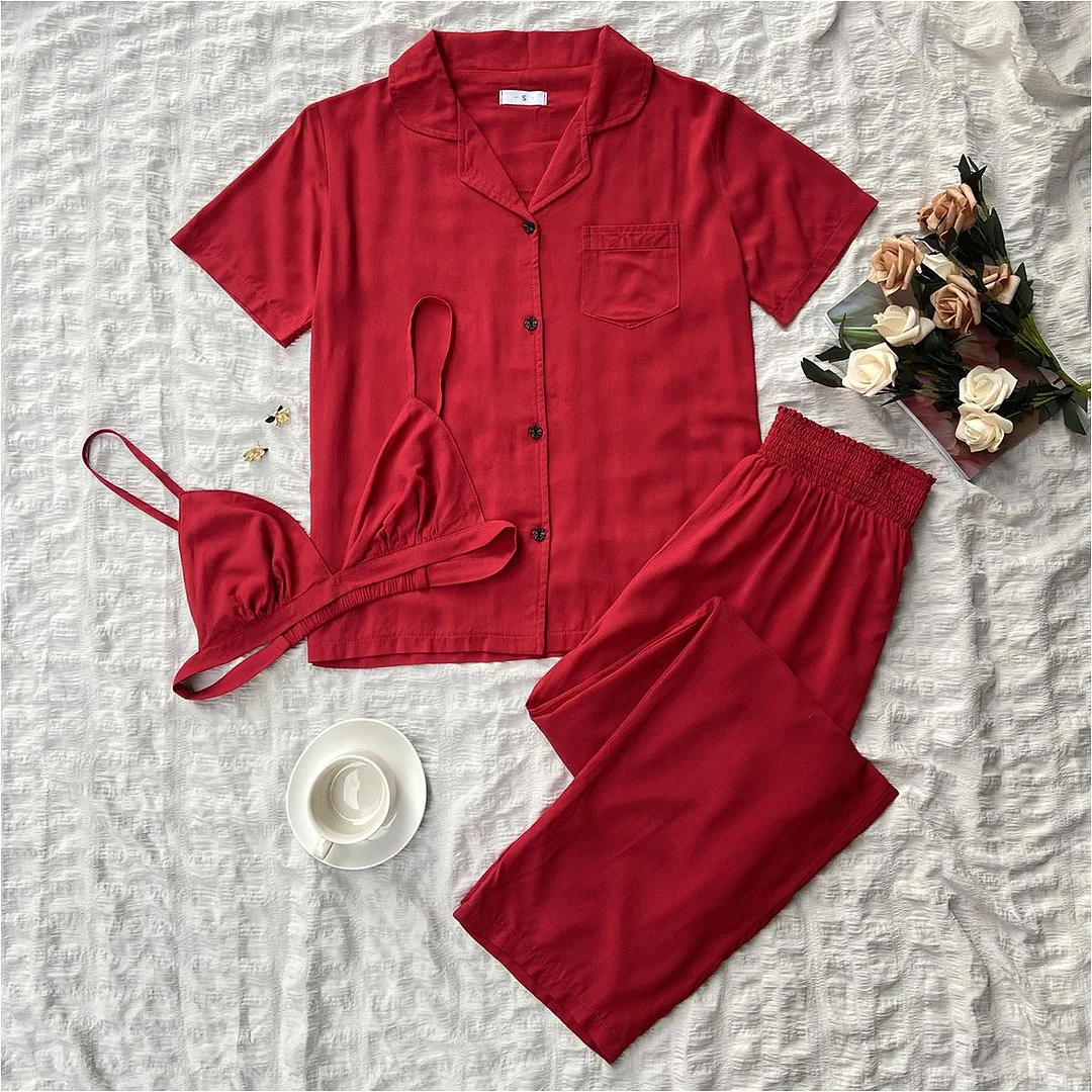 Toloer Toloer Female Spring And Summer Short-Sleeved Cardigan Home Clothing Three Sets Outside Wear-Outfit Ideas