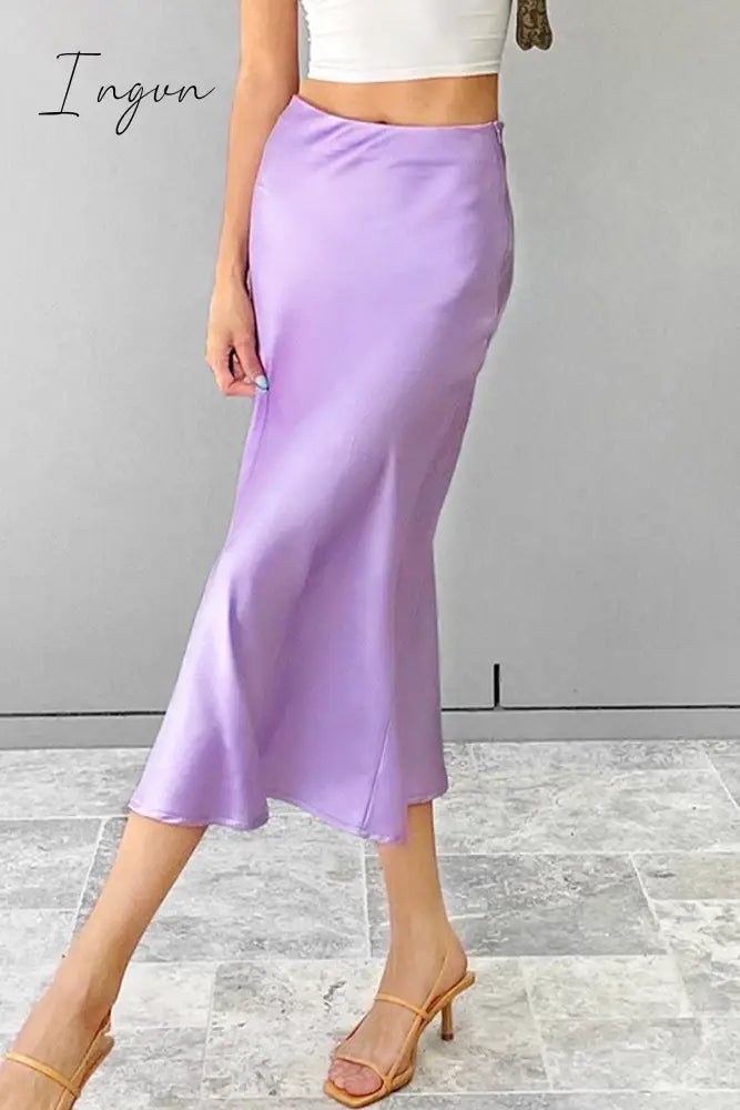 Ingvn - Elegant Solid Patchwork Regular High Waist Color Bottoms Purple / S Bottoms/Skirts