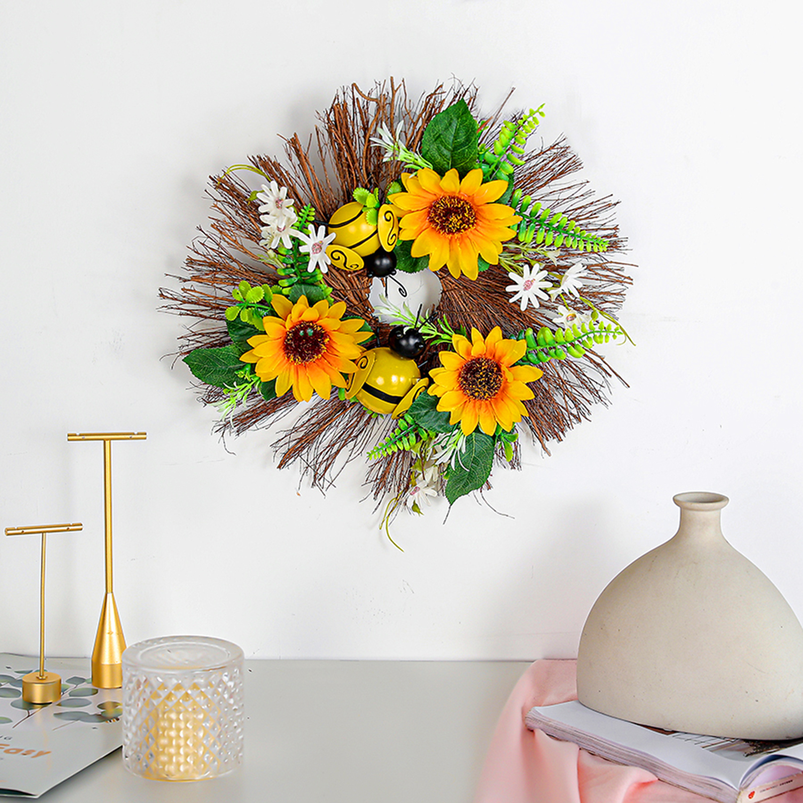 

Bee Sunflower Wreath, Easter Artificial Garland for Front Door, Garden, 501 Original