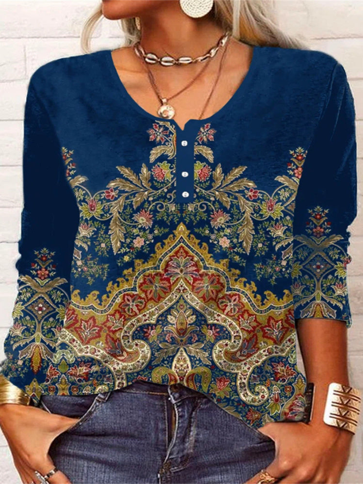Women Long Sleeve V-neck Graphic Floral Printed Top