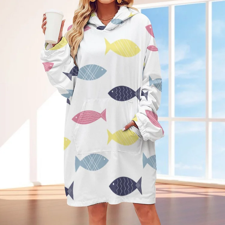 Mid Century Scandinavian Mod Fish Oversized Sweatshirt Sherpa Blanket Casual Pullovers Wearable Blanket For Adults - Heather Prints Shirts
