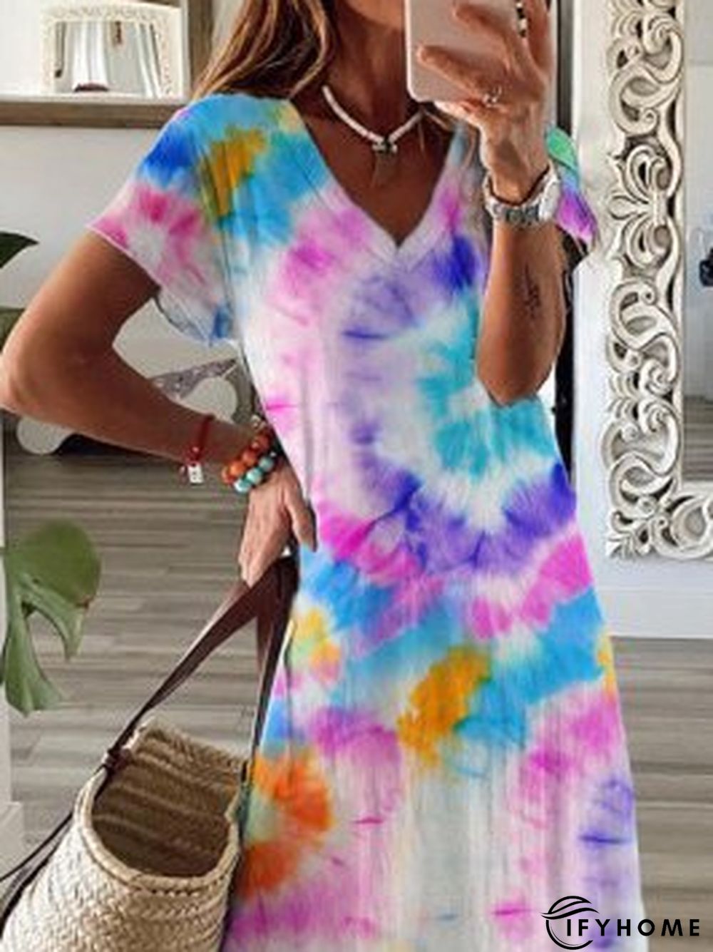 V Neck Short Sleeve Ombre/tie-Dye Dresses | IFYHOME