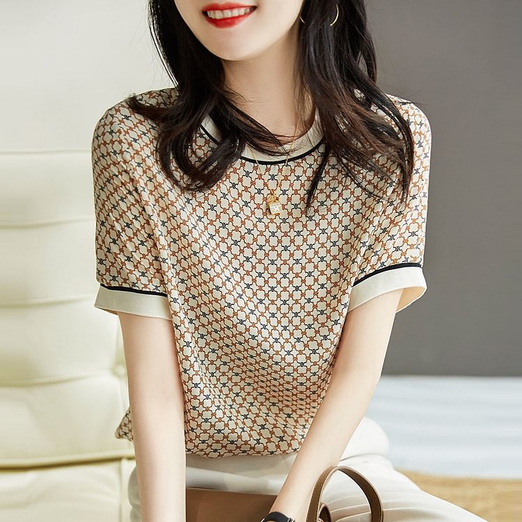 Light Khaki Geometric Casual Printed Shirts & Tops QueenFunky