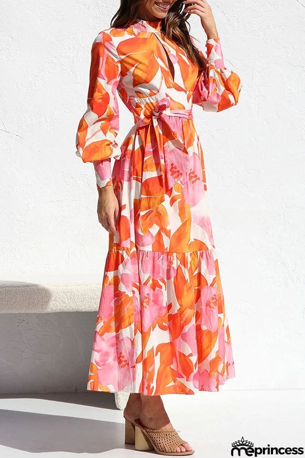 Floral Print Balloon Sleeve Pleated Lace Up Maxi Dress
