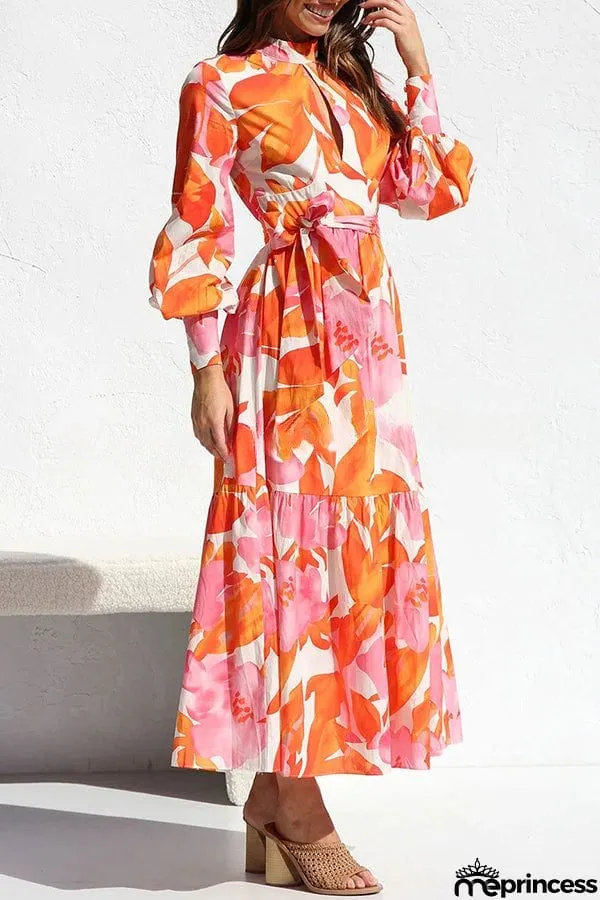 Floral Print Balloon Sleeve Pleated Lace Up Maxi Dress
