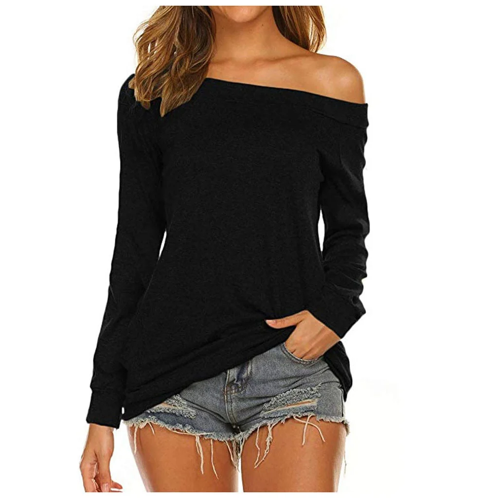 Women Off Shoulder Harajuku Tshirt Long Sleeve Shirt Tunic Tops Solid Color T-shirt Women Spring Streetwear Ladies Top Tshirt