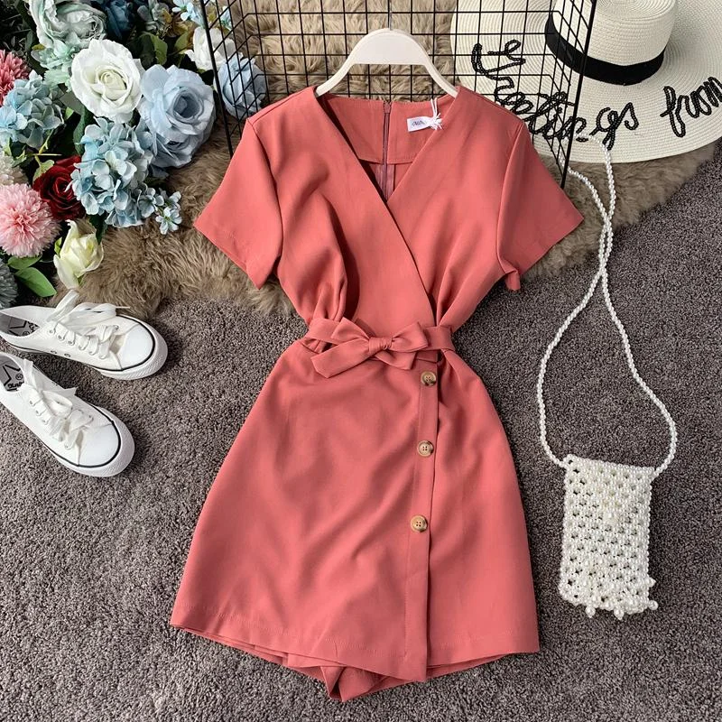 FTLZZ V-neck Beach Playsuits Women Vintage With Belt High Waist Wide-legged Shorts Pants Slim Holiday Jumpsuits
