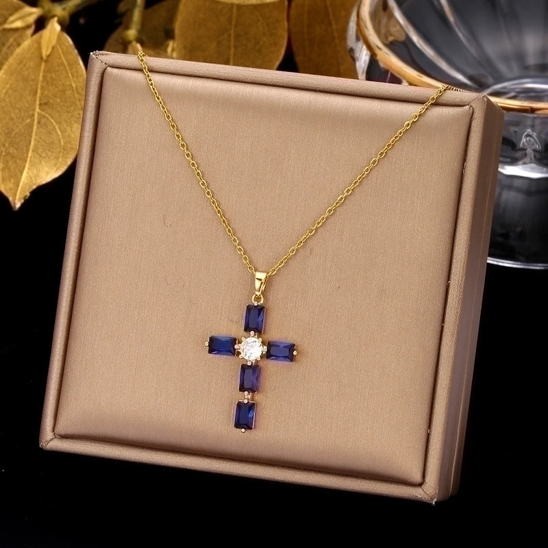 2 Pieces Ethnic Style Cross Stainless Steel Inlay Zircon Pendant Necklace
