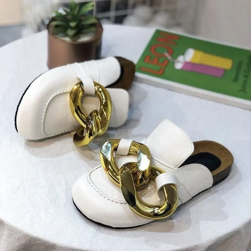 Women Slipper Women's Sandals New Design Gold Chain Closed Toe Slip On Mules Shoes Flat Heel Square Head Casual Slides Flip Flop