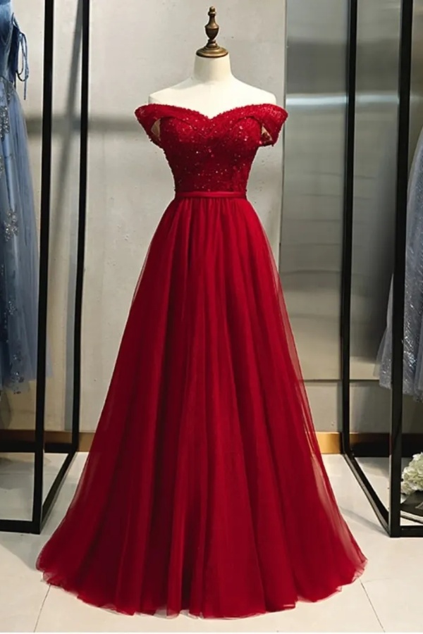 Ovlias Chic Red Off-Shoulders Sweetheart Prom Dress Sheer Beading with Sequins JQ0022