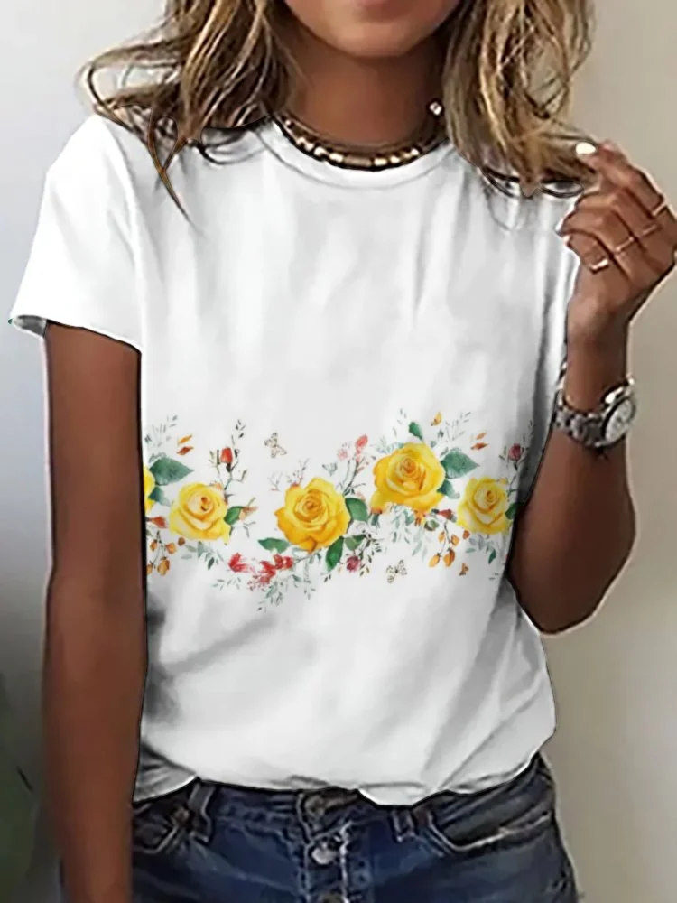 Printed Short Sleeve Casual T-shirt for  Women and Men Unisex Pattern Floral, Yellow, Pink