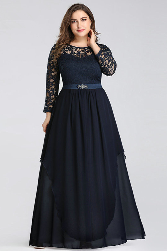 Navy Long Sleeve Lace Plus Size Evening Prom Dress - lulusllly