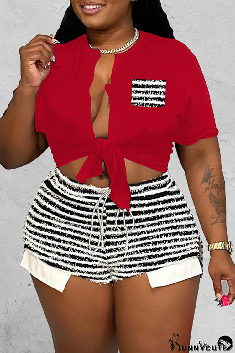 Red Sexy Striped Patchwork V Neck Short Sleeve Two Pieces