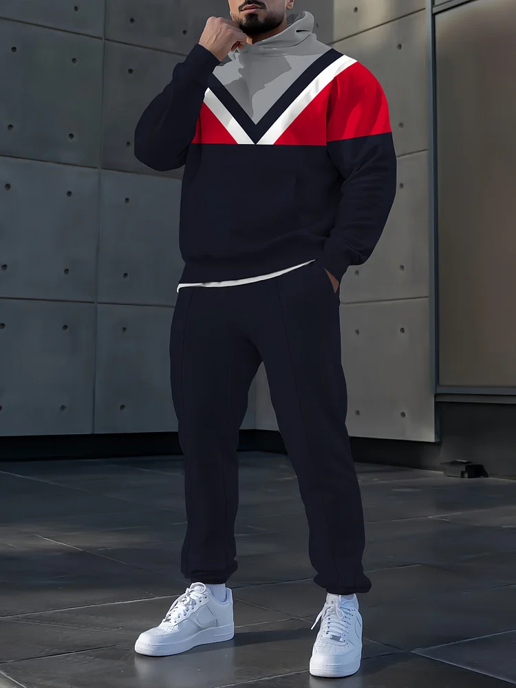 Men's fashion casual color match printed hoodie two-piece set