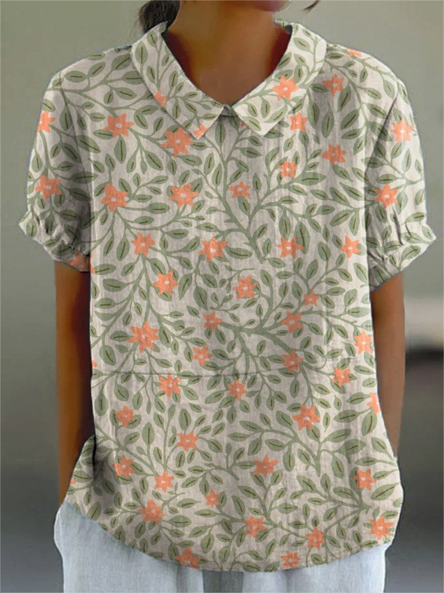 Women's Retro Floral Art Print Casual Cotton And Linen Shirt