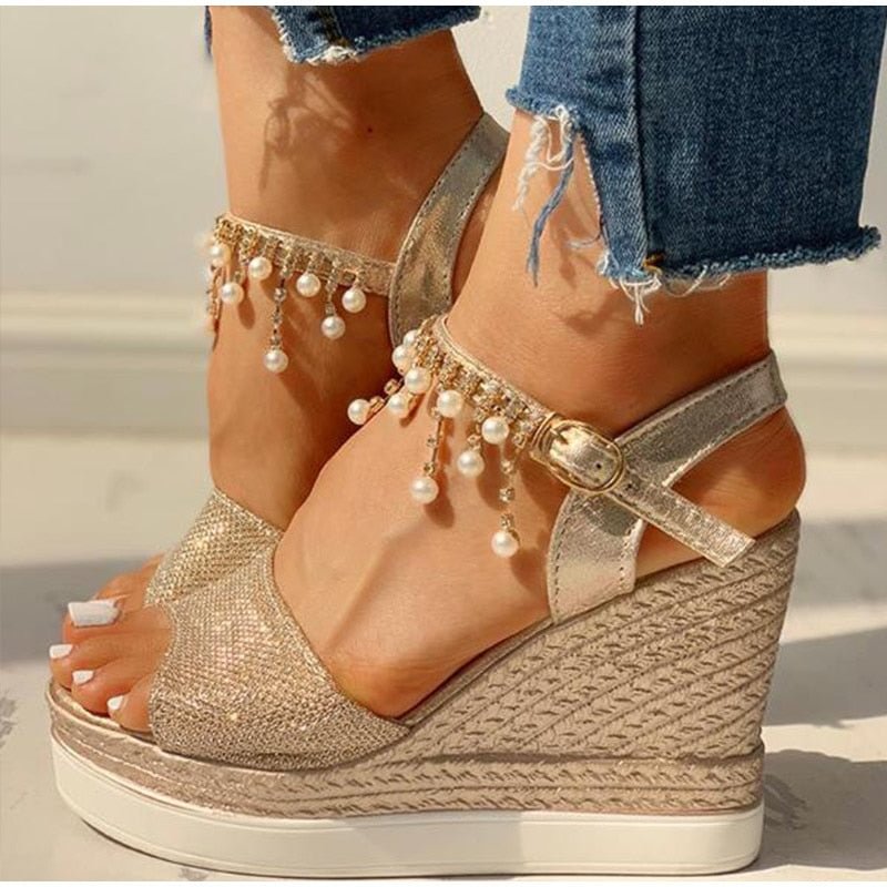 2021 New Women Wedge Sandals Summer Bead Studded Detail Platform Sandals Buckle Strap Peep Toe Thick Bottom Casual Shoes Ladies