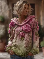 Vintage Bohemian Style Pink And Purple Rose Woven Vine Hoodie Sweater