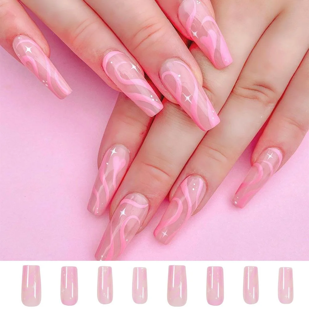24pcs Mid-length French False Nails Wave Design Fake Nails Summer Style Gradient Pink Purple Heart Flower Nail Art Tools
